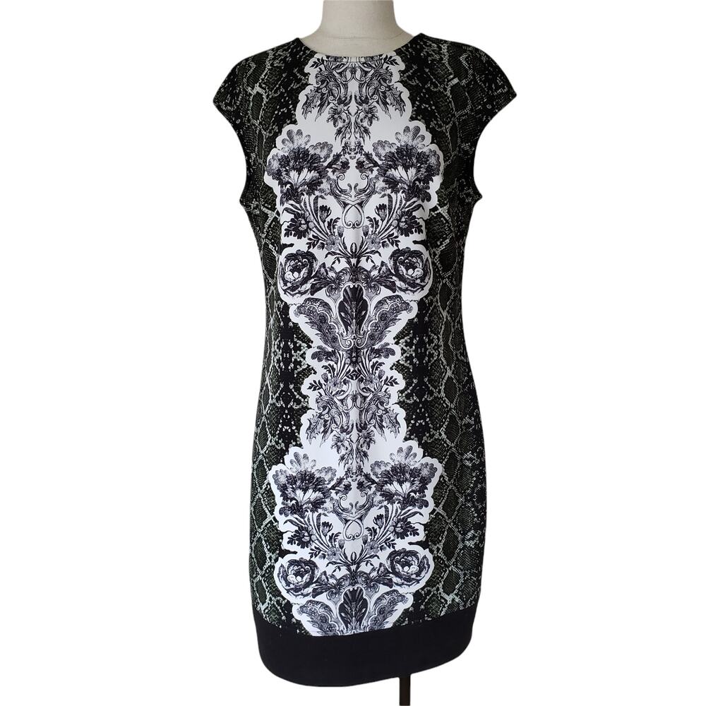 Laundry Shelli Segal Dress Womens 10 Midi Green Snakeskin Print Short Sleeve